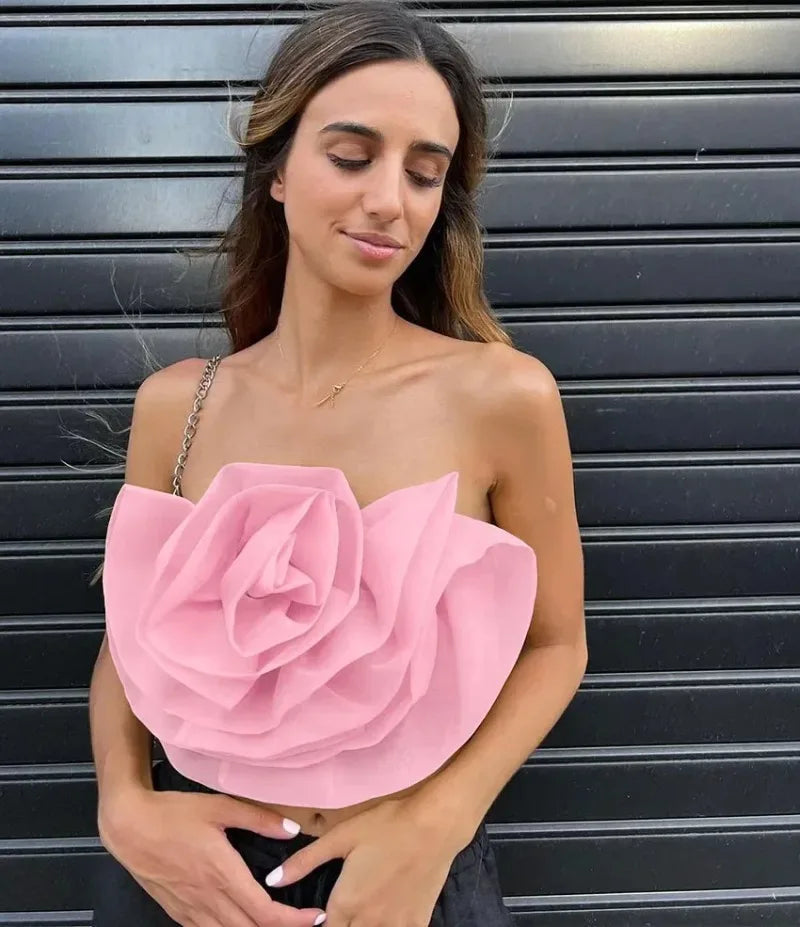 Vintage Hollow Out Applique Rose Flower Halter Neck Crop Tops Mssza