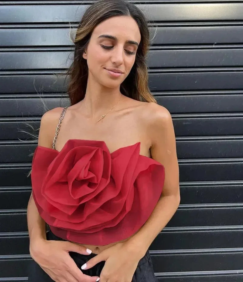 Vintage Hollow Out Applique Rose Flower Halter Neck Crop Tops Mssza