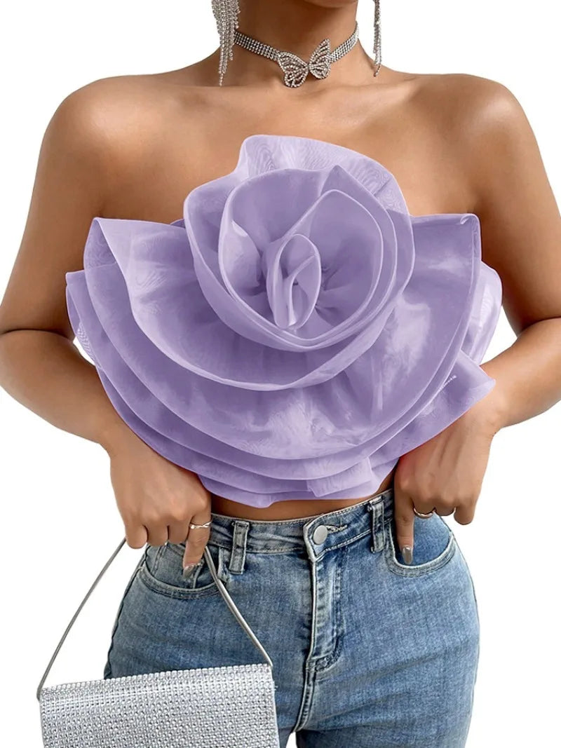 Vintage Hollow Out Applique Rose Flower Halter Neck Crop Tops Mssza