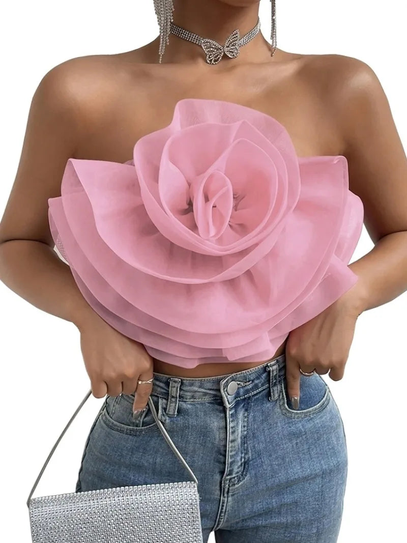 Vintage Hollow Out Applique Rose Flower Halter Neck Crop Tops Mssza