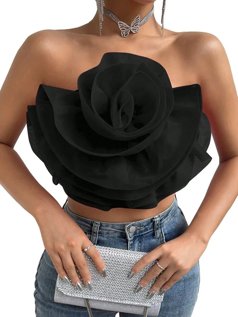 Vintage Hollow Out Applique Rose Flower Halter Neck Crop Tops Mssza