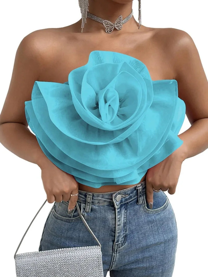 Vintage Hollow Out Applique Rose Flower Halter Neck Crop Tops Mssza