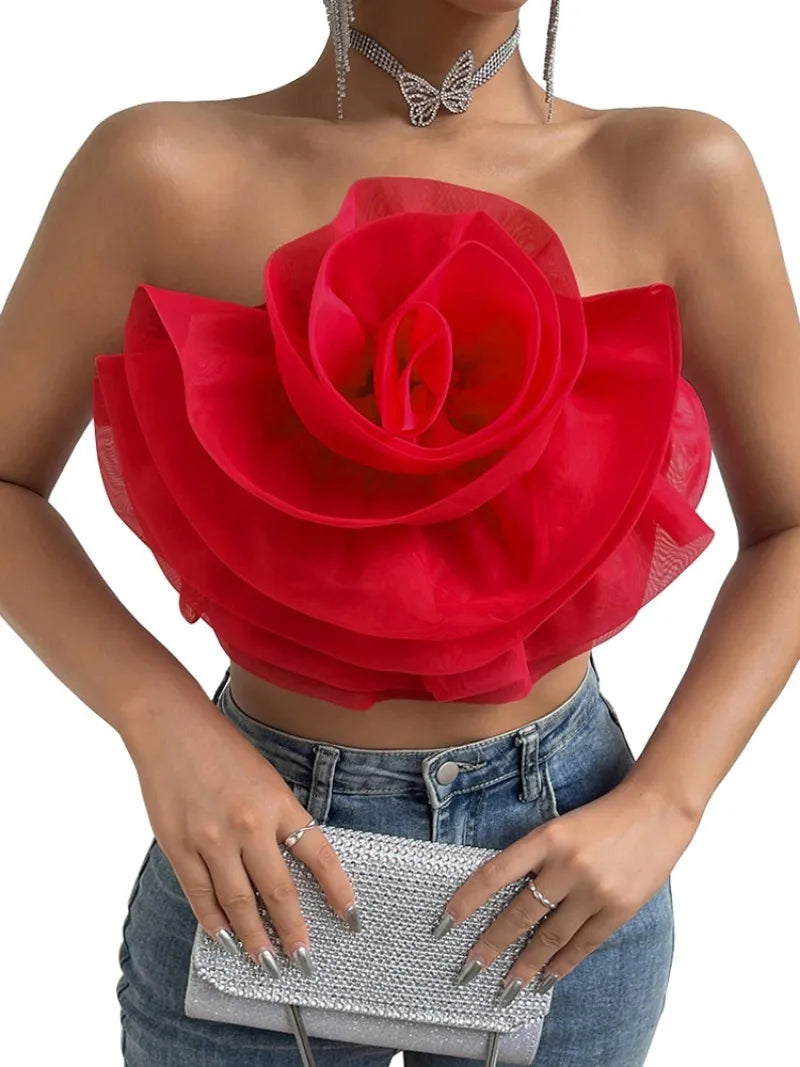 Vintage Hollow Out Applique Rose Flower Halter Neck Crop Tops Mssza