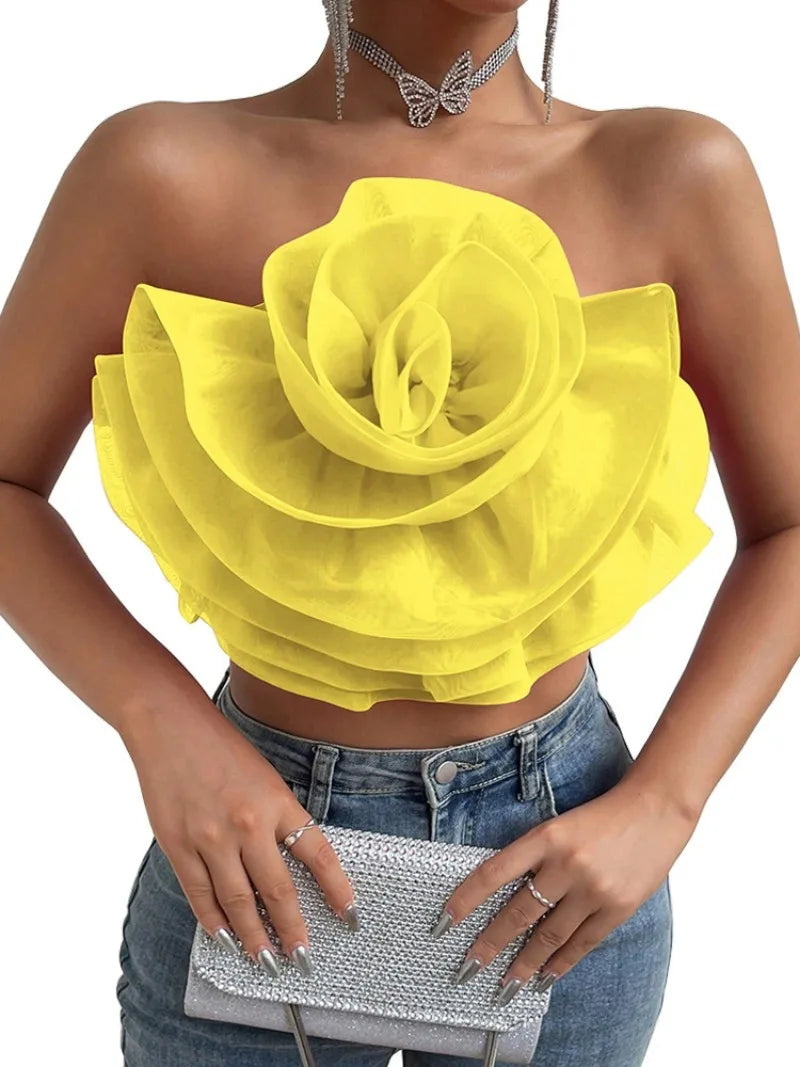 Vintage Hollow Out Applique Rose Flower Halter Neck Crop Tops Mssza