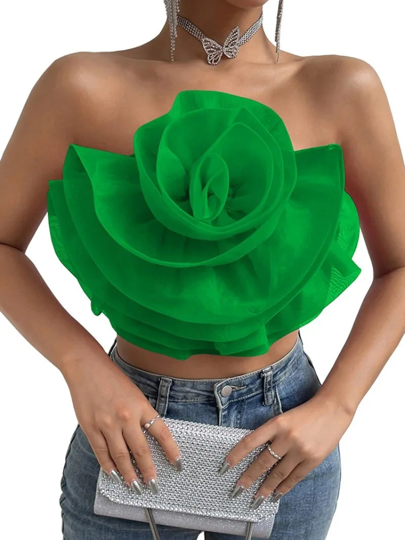 Vintage Hollow Out Applique Rose Flower Halter Neck Crop Tops Mssza