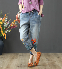 Vintage Lace up Floral Embroidery Ripped Denim Loose Jeans Streetwear Mssza