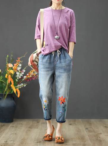Vintage Lace up Floral Embroidery Ripped Denim Loose Jeans Streetwear Mssza