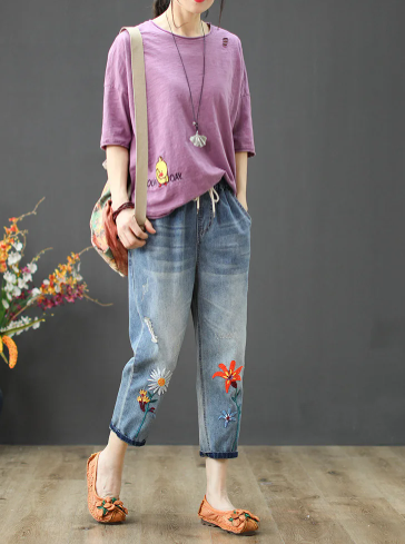 Vintage Lace up Floral Embroidery Ripped Denim Loose Jeans Streetwear Mssza