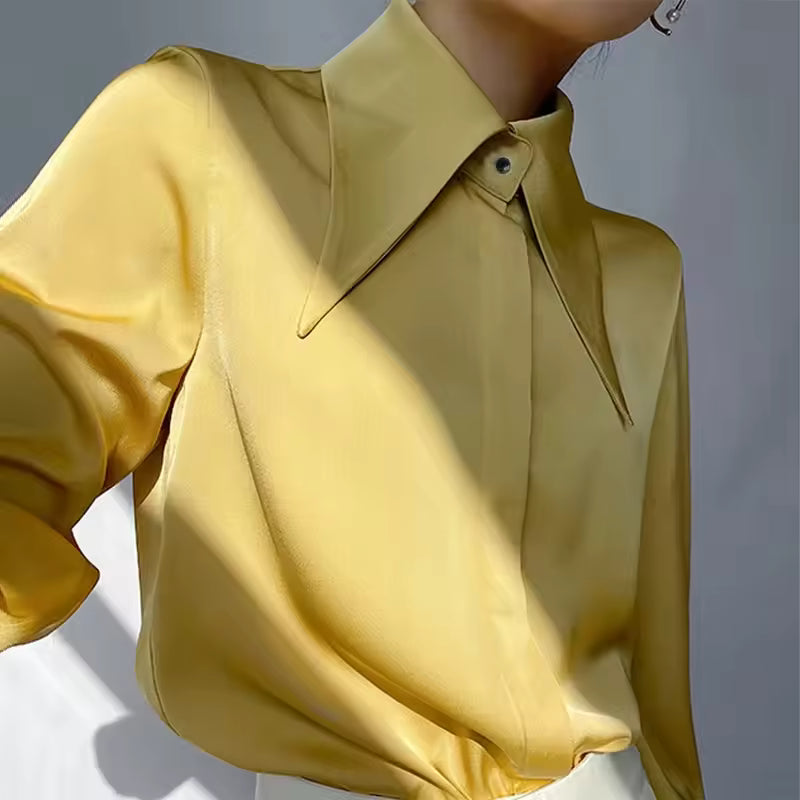Vintage Lantern Long Sleeve Turn Down Collar Office Lady Silk Shirt Mssza