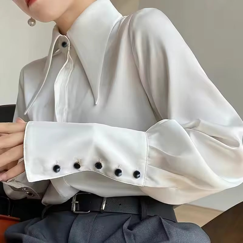 Vintage Lantern Long Sleeve Turn Down Collar Office Lady Silk Shirt Mssza