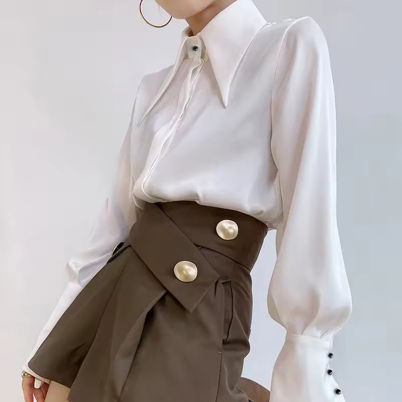 Vintage Lantern Long Sleeve Turn Down Collar Office Lady Silk Shirt Mssza