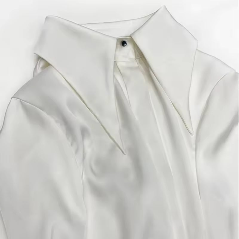 Vintage Lantern Long Sleeve Turn Down Collar Office Lady Silk Shirt Mssza