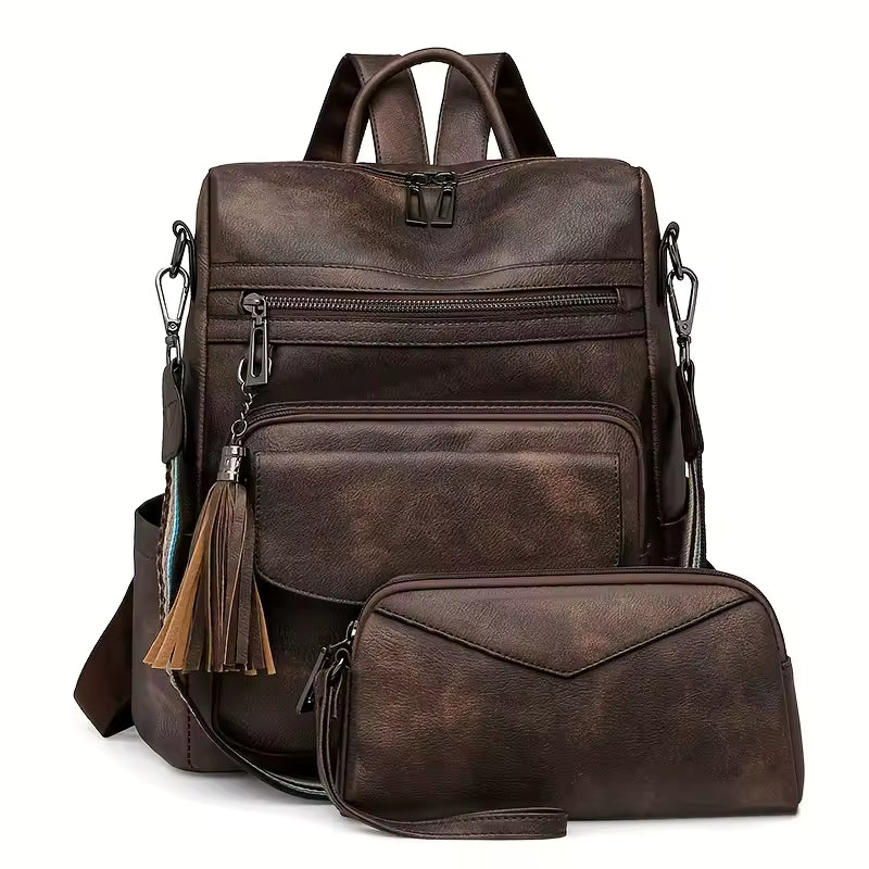 Vintage Leopard Print Block Design with Tassel Stain-Resistant Leather Backpack Mssza