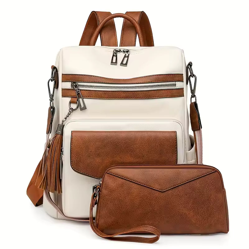 Vintage Leopard Print Block Design with Tassel Stain-Resistant Leather Backpack Mssza
