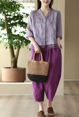 Vintage Single Breasted Linen Cotton Short Sleeve Button Loose Shirt Mssza