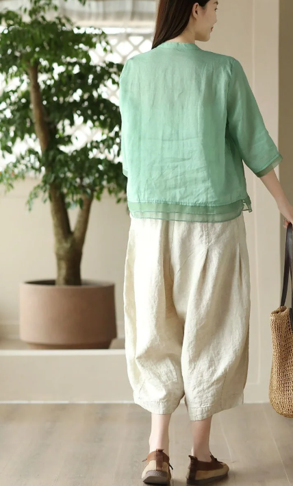 Vintage Single Breasted Linen Cotton Short Sleeve Button Loose Shirt Mssza
