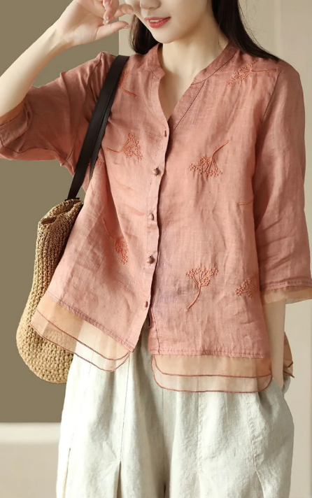 Vintage Single Breasted Linen Cotton Short Sleeve Button Loose Shirt Mssza