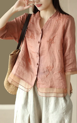 Vintage Single Breasted Linen Cotton Short Sleeve Button Loose Shirt Mssza
