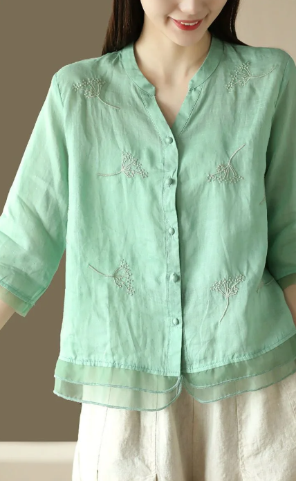 Vintage Single Breasted Linen Cotton Short Sleeve Button Loose Shirt Mssza