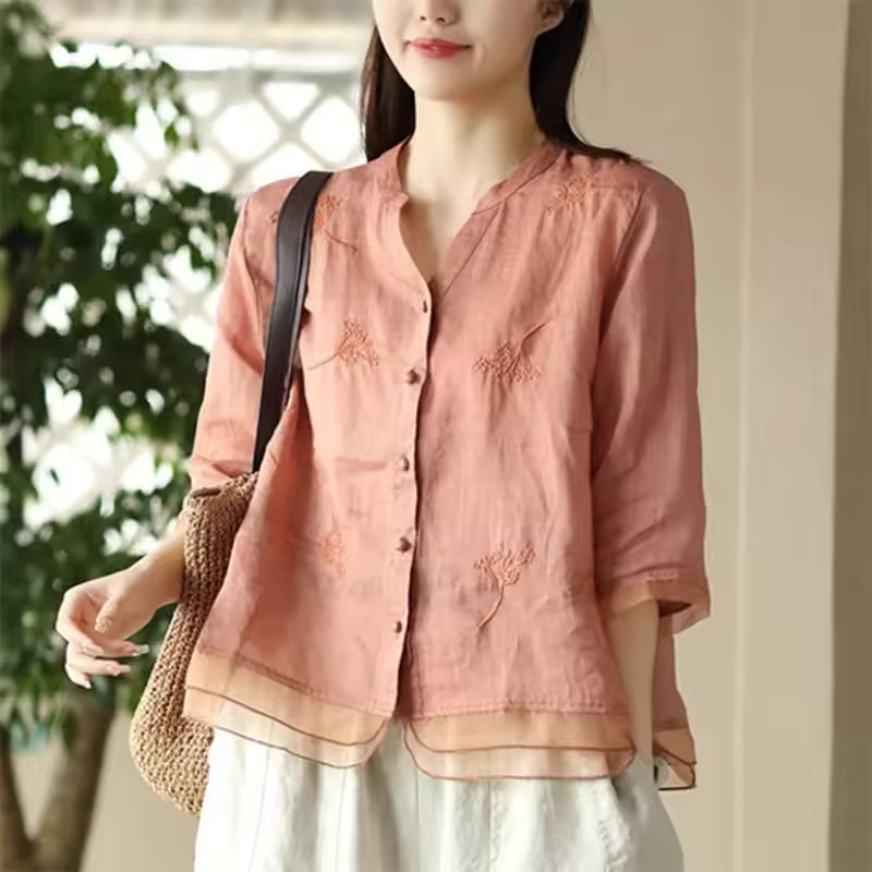 Vintage Single Breasted Linen Cotton Short Sleeve Button Loose Shirt Mssza