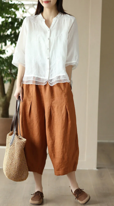 Vintage Single Breasted Linen Cotton Short Sleeve Button Loose Shirt Mssza