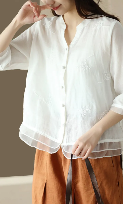 Vintage Single Breasted Linen Cotton Short Sleeve Button Loose Shirt Mssza