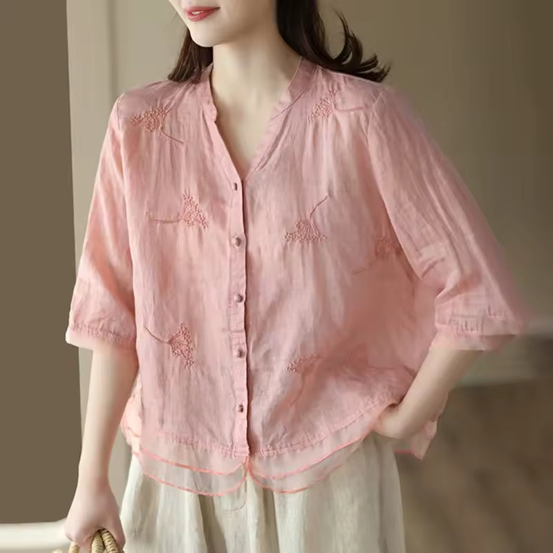 Vintage Single Breasted Linen Cotton Short Sleeve Button Loose Shirt Mssza
