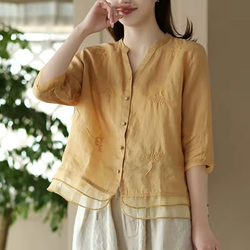 Vintage Single Breasted Linen Cotton Short Sleeve Button Loose Shirt Mssza