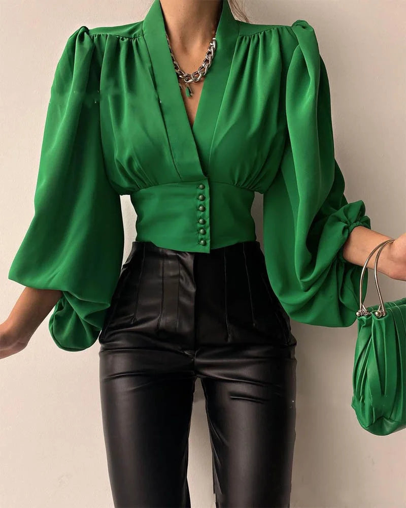 Vintage Long Lantern Sleeve Button V-neck Office Lady Lightweight Blouse Mssza
