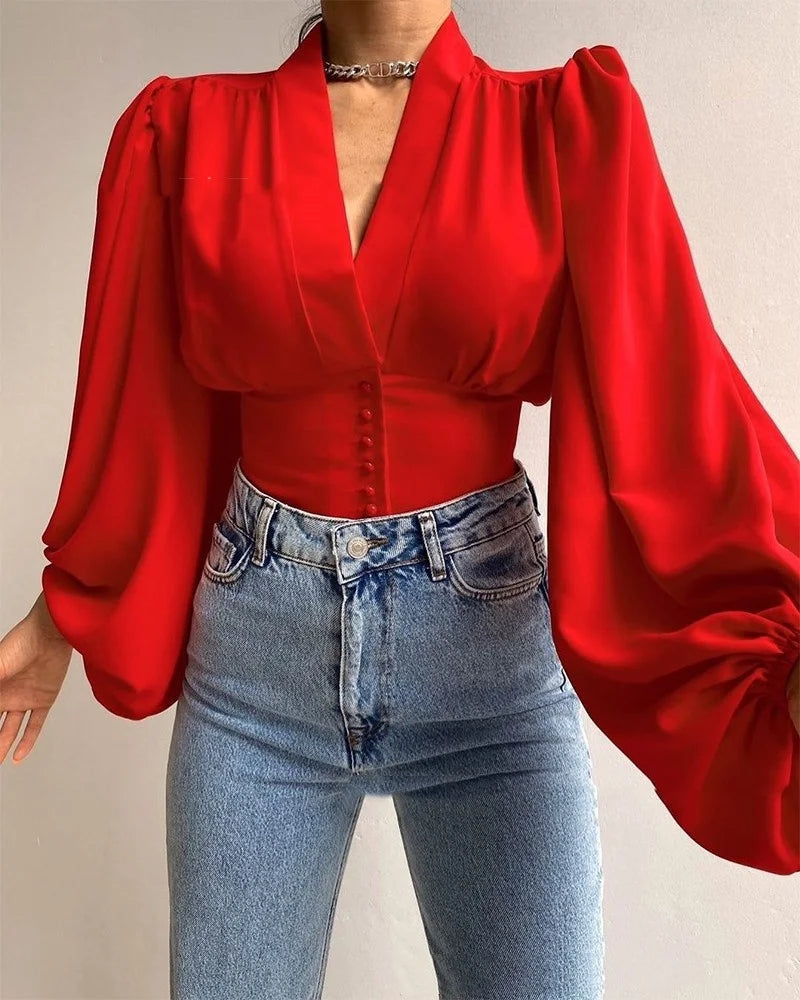 Vintage Long Lantern Sleeve Button V-neck Office Lady Lightweight Blouse Mssza