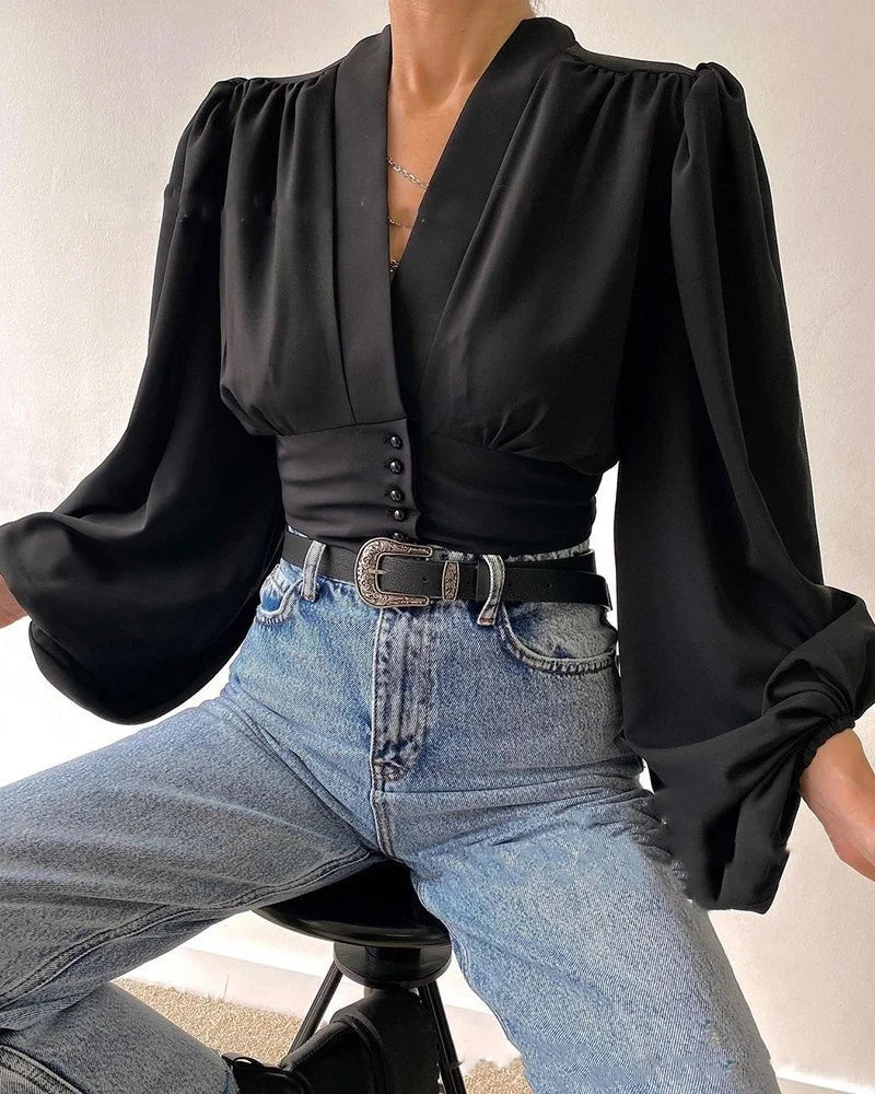 Vintage Long Lantern Sleeve Button V-neck Office Lady Lightweight Blouse Mssza