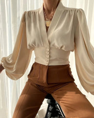 Vintage Long Lantern Sleeve Button V-neck Office Lady Lightweight Blouse Mssza