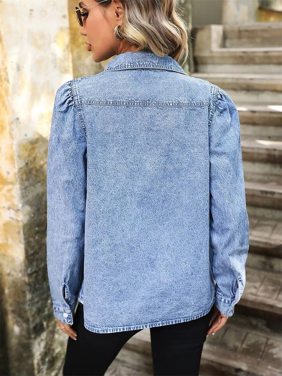 Vintage Long Sleeve Casual Single Breasted Loose Jean Blouses Tops Mssza