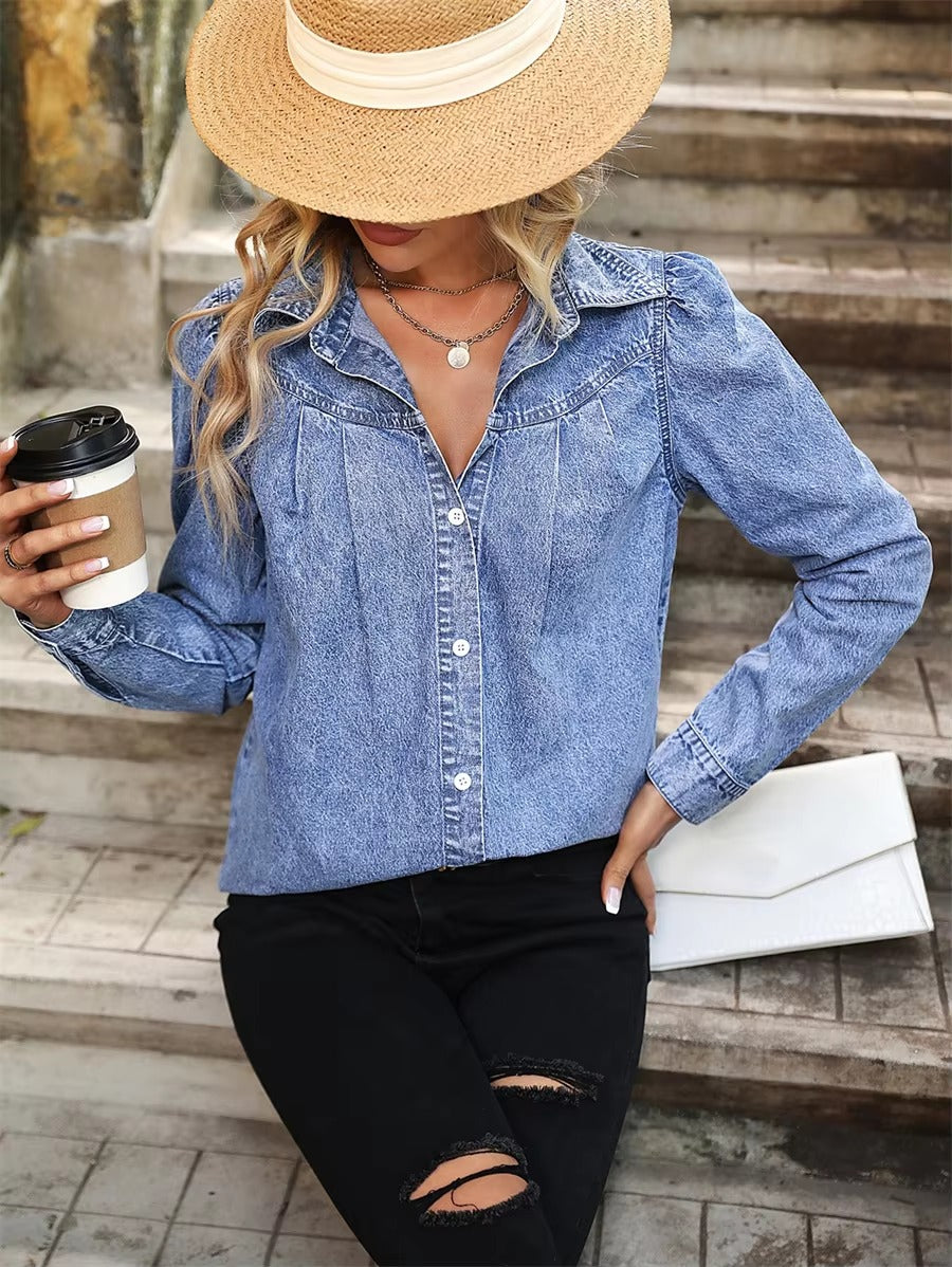 Vintage Long Sleeve Casual Single Breasted Loose Jean Blouses Tops Mssza