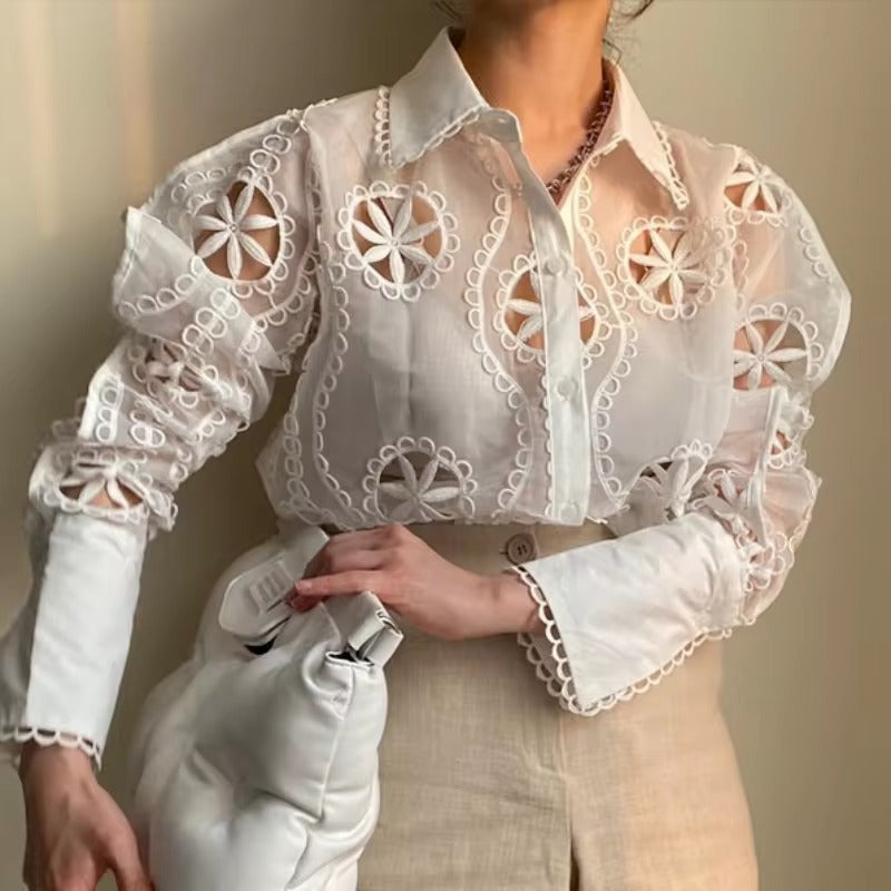 Vintage Long Sleeve Hollow Floral Embroidery Loose Shirt Mssza