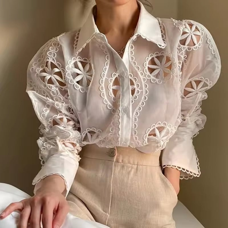 Vintage Long Sleeve Hollow Floral Embroidery Loose Shirt Mssza