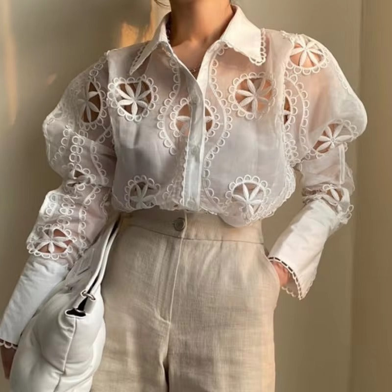 Vintage Long Sleeve Hollow Floral Embroidery Loose Shirt Mssza