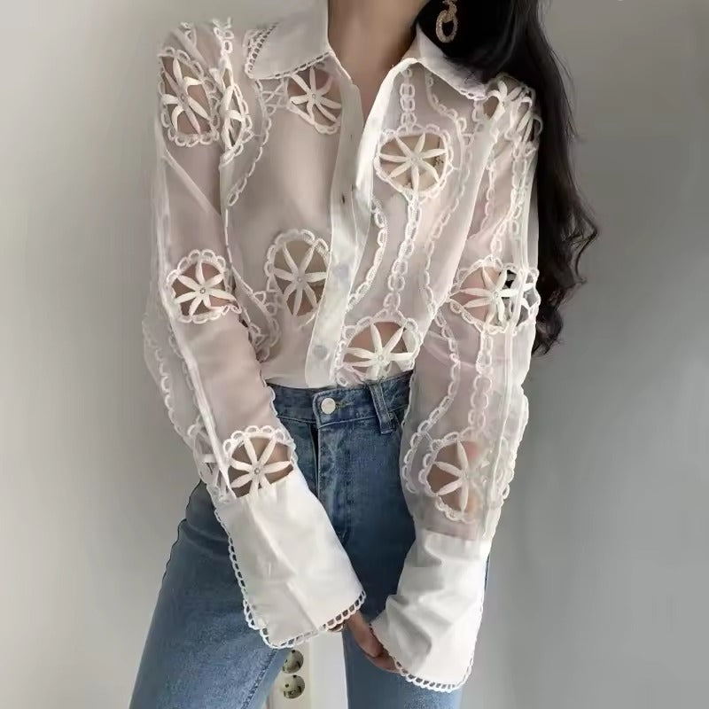 Vintage Long Sleeve Hollow Floral Embroidery Loose Shirt Mssza