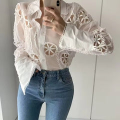 Vintage Long Sleeve Hollow Floral Embroidery Loose Shirt Mssza