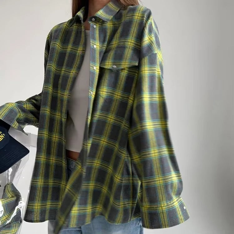 Vintage Long Sleeve Plaid Lapel Pocket Oversized Shirt Mssza