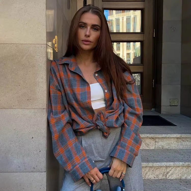 Vintage Long Sleeve Plaid Lapel Pocket Oversized Shirt Mssza