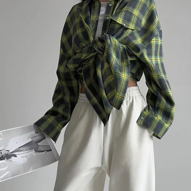 Vintage Long Sleeve Plaid Lapel Pocket Oversized Shirt Mssza