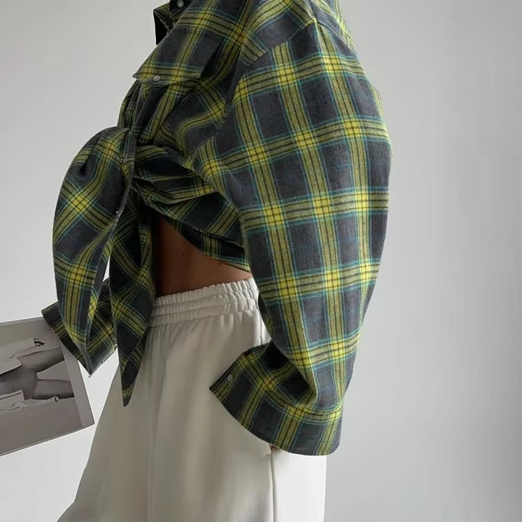 Vintage Long Sleeve Plaid Lapel Pocket Oversized Shirt Mssza