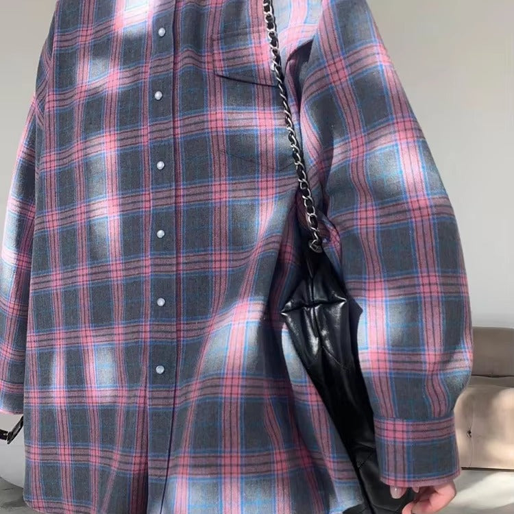 Vintage Long Sleeve Plaid Lapel Pocket Oversized Shirt Mssza