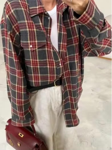 Vintage Long Sleeve Plaid Lapel Pocket Oversized Shirt Mssza