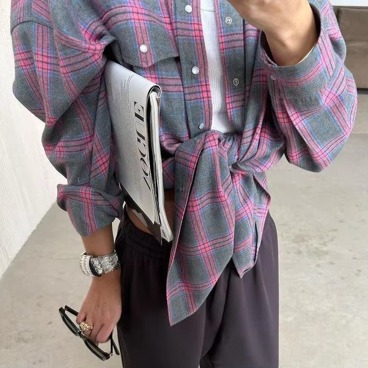 Vintage Long Sleeve Plaid Lapel Pocket Oversized Shirt Mssza
