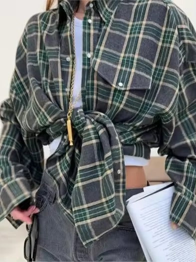 Vintage Long Sleeve Plaid Lapel Pocket Oversized Shirt Mssza