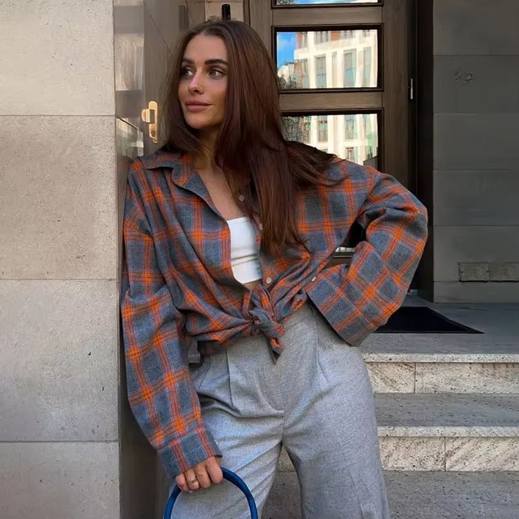 Vintage Long Sleeve Plaid Lapel Pocket Oversized Shirt Mssza