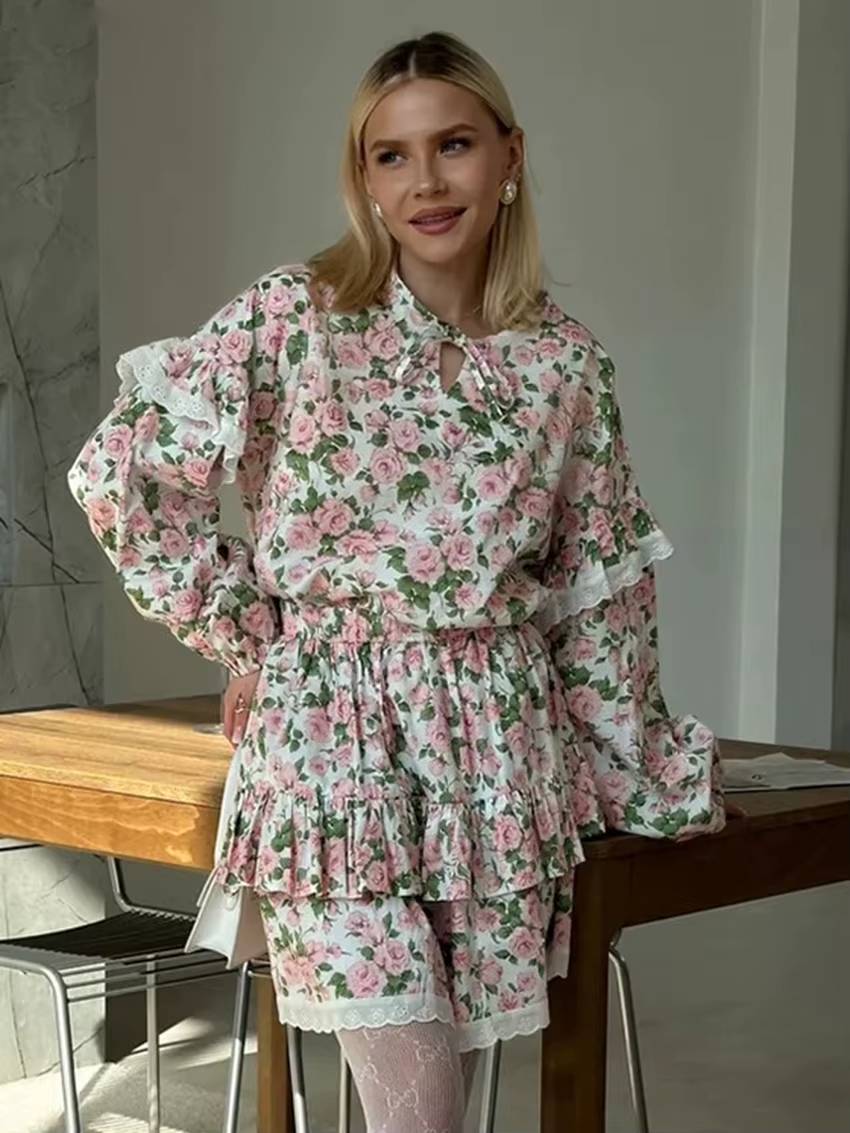 Vintage Long Sleeve Shirt With High Waist Pleated Mini Skirt Loose Print 2 Piece Sets Mssza