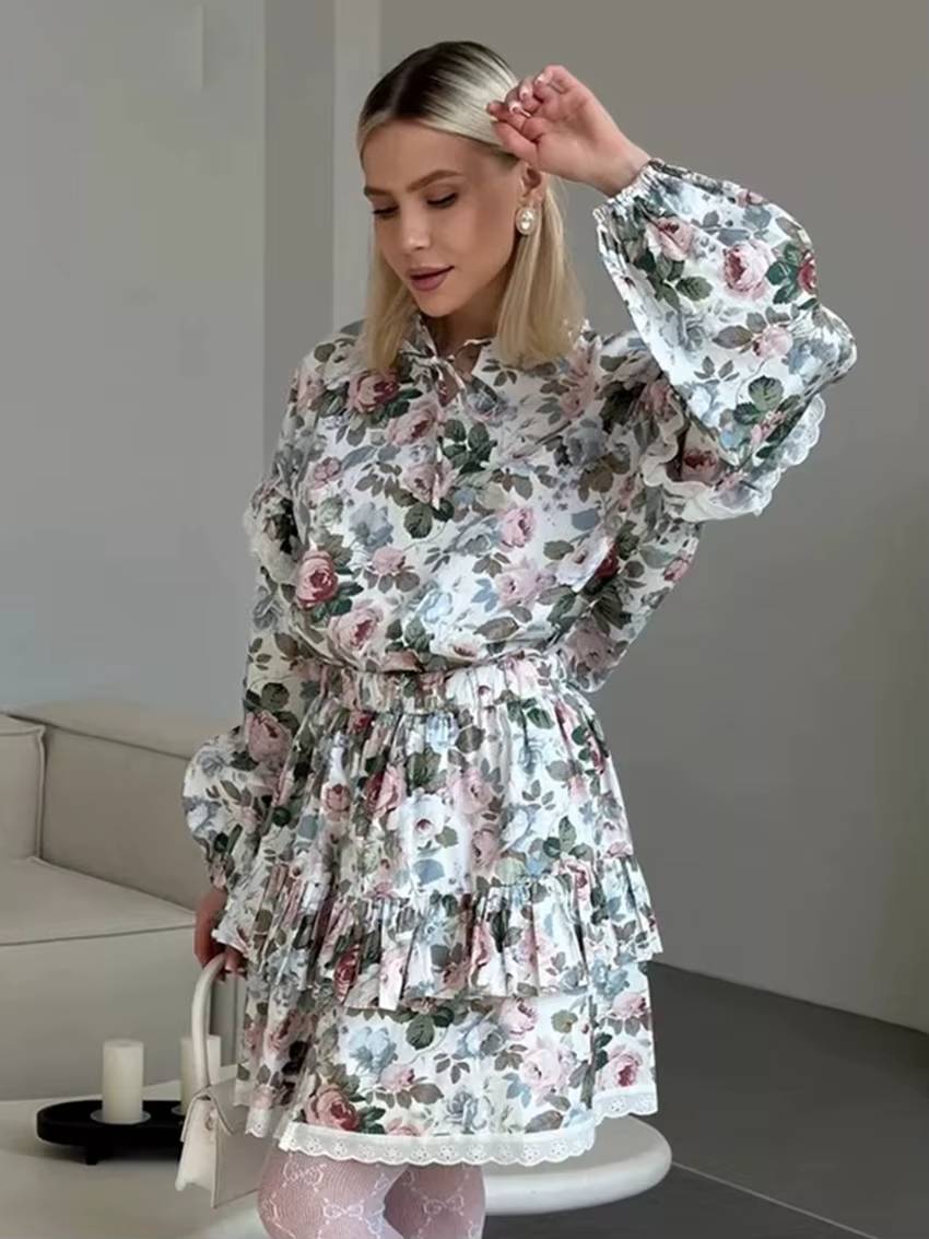 Vintage Long Sleeve Shirt With High Waist Pleated Mini Skirt Loose Print 2 Piece Sets Mssza